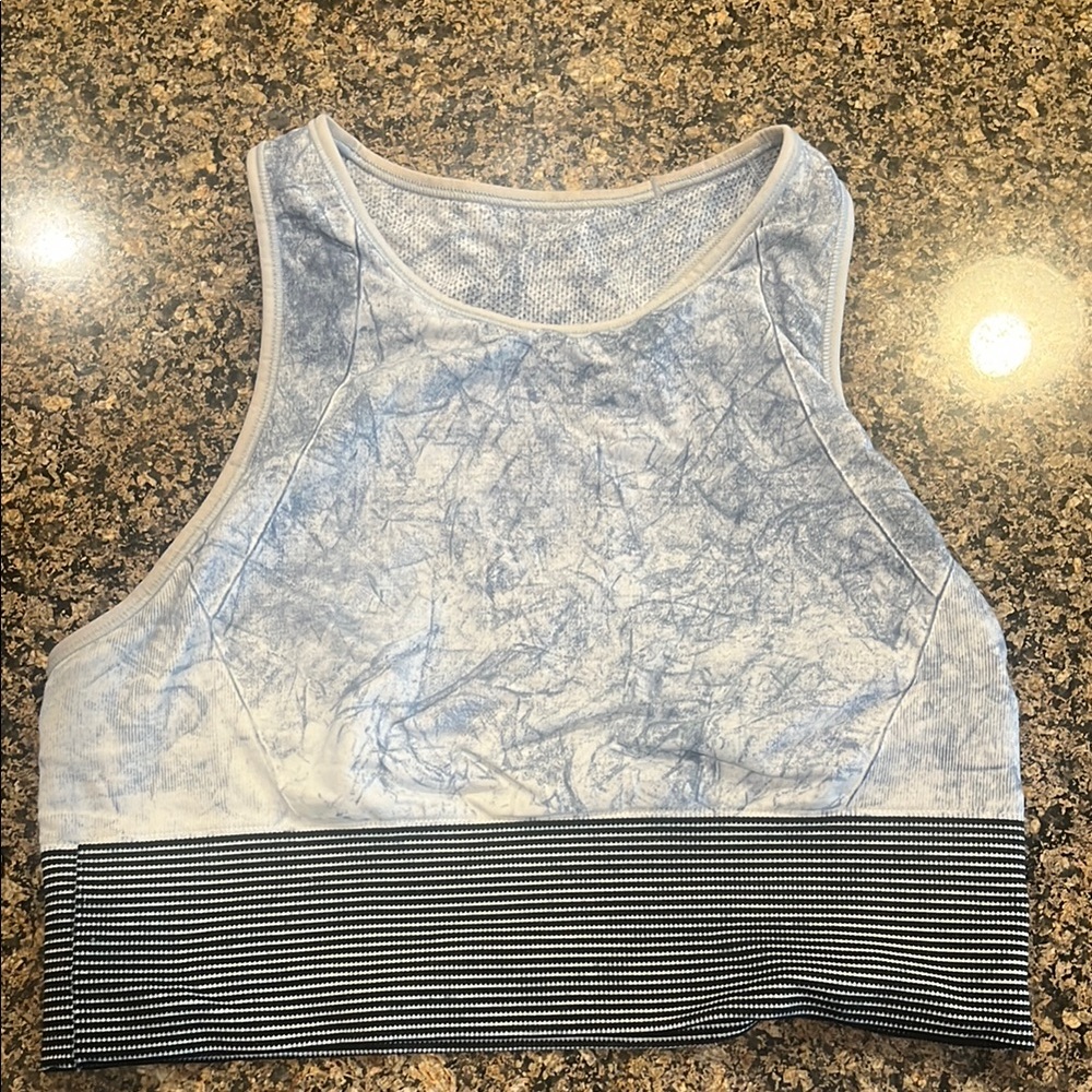 Lululemon Athletica Blue and White Fitted High Neck Razor Back Crop Sports Bra